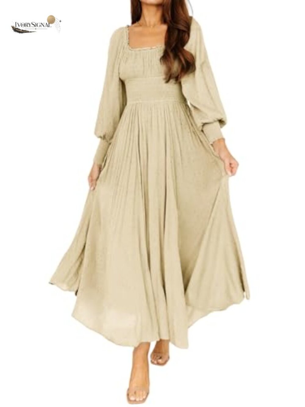 Women's Swiss Dot A-Line Maxi Dress Elastic Waist Long Sleeve